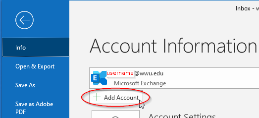 Click File, then in the Info area click the +Add Account button