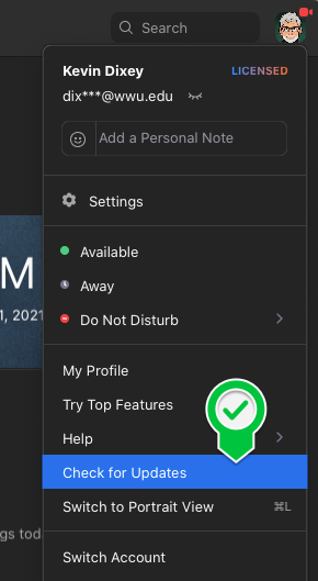 A zoom settings menu, with check for updates highlighted.