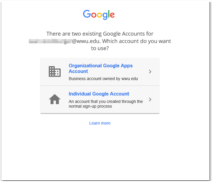 There are two existing Google Accounts. Which account do you want to use?