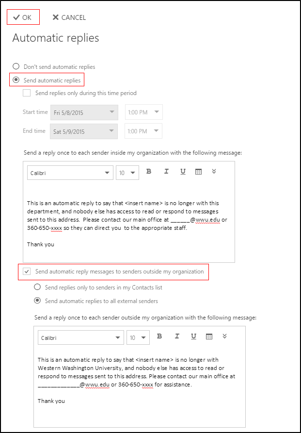 Select Send Automatic Replies from the Outlook Settings Menu
