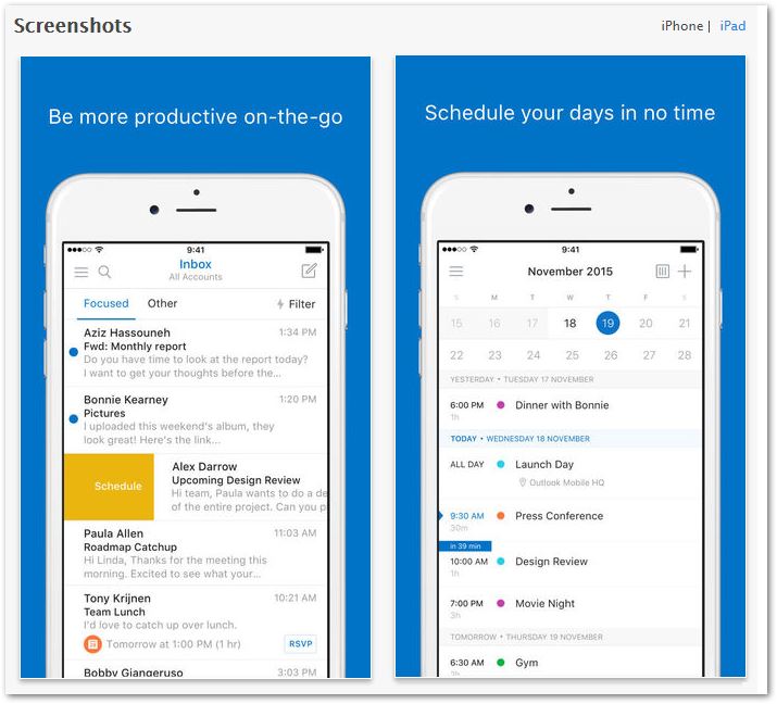 Outlook for iOS  Screenshots of Inbox and Calendar