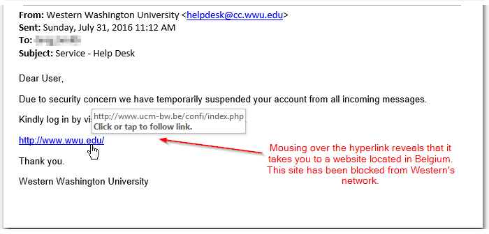 Screenshot of the phishing message