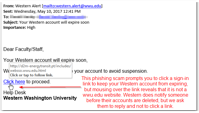 Phishing Example from May, 2017: Your Western account will expire