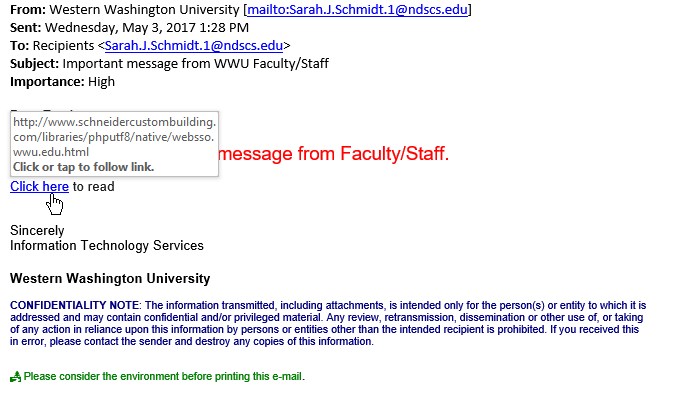 Phishing Example from May, 2017: Important message from WWU Faculty/Staff