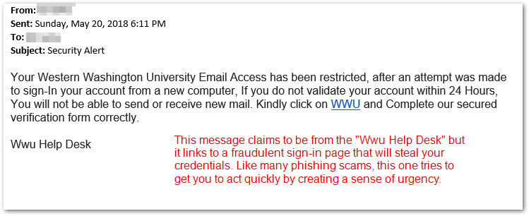 Phishing Example with the subject &quot;Security Alert&quot;