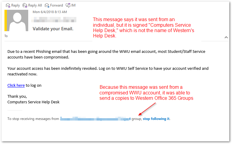 Phishing Example with the subject &quot;Validate your Email&quot;