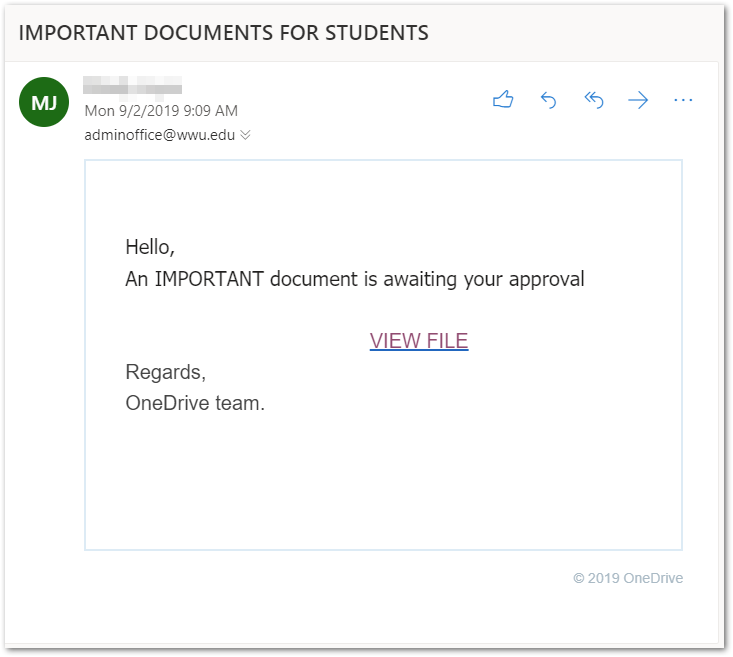 Phishing Example with subject line &quot;IMPORTANT DOCUMENT FOR STUDENTS&quot;