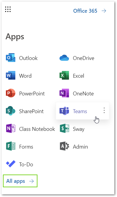 Screenshot: Open Teams from the Office 365 Apps Grid