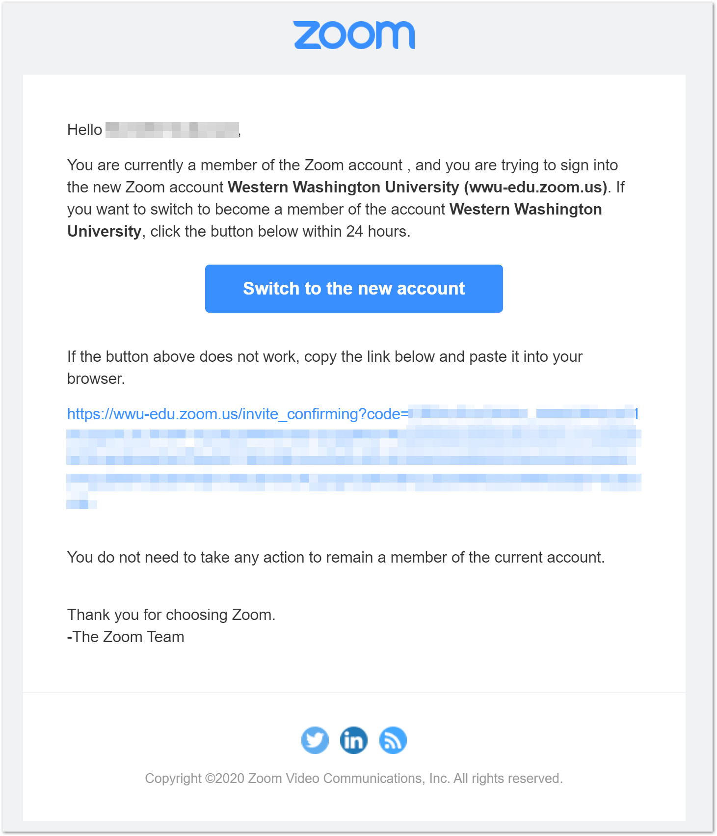 sample of Zoom confirmation message to switch accounts
