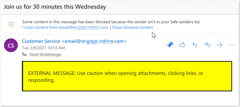 Screenshot of External Email Alert