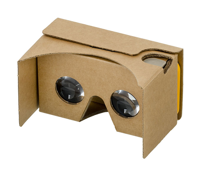 carboard mask with clear lenses; used for virtual reality