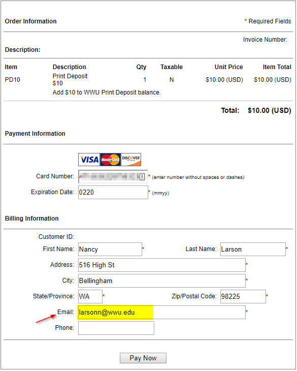 Screen shot - enter credit card information
