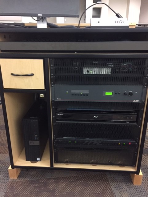View of the equipment rack in Parks Hall 146