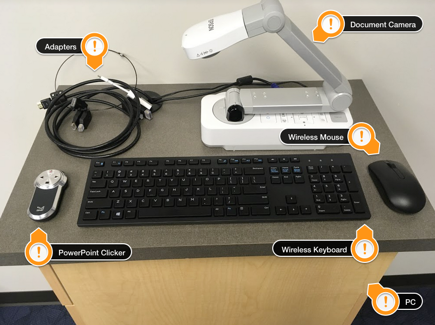Top of podium has Document Camera, Wireless mouse and Keyboard, adaptors for laptop connection and PowerPoint clicker.