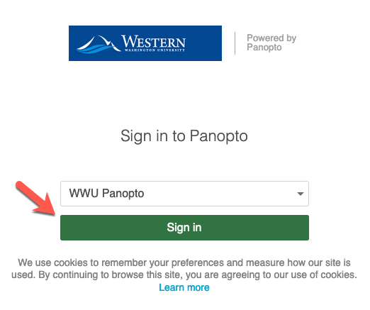 A green sign in button below the text WWU Panopto
