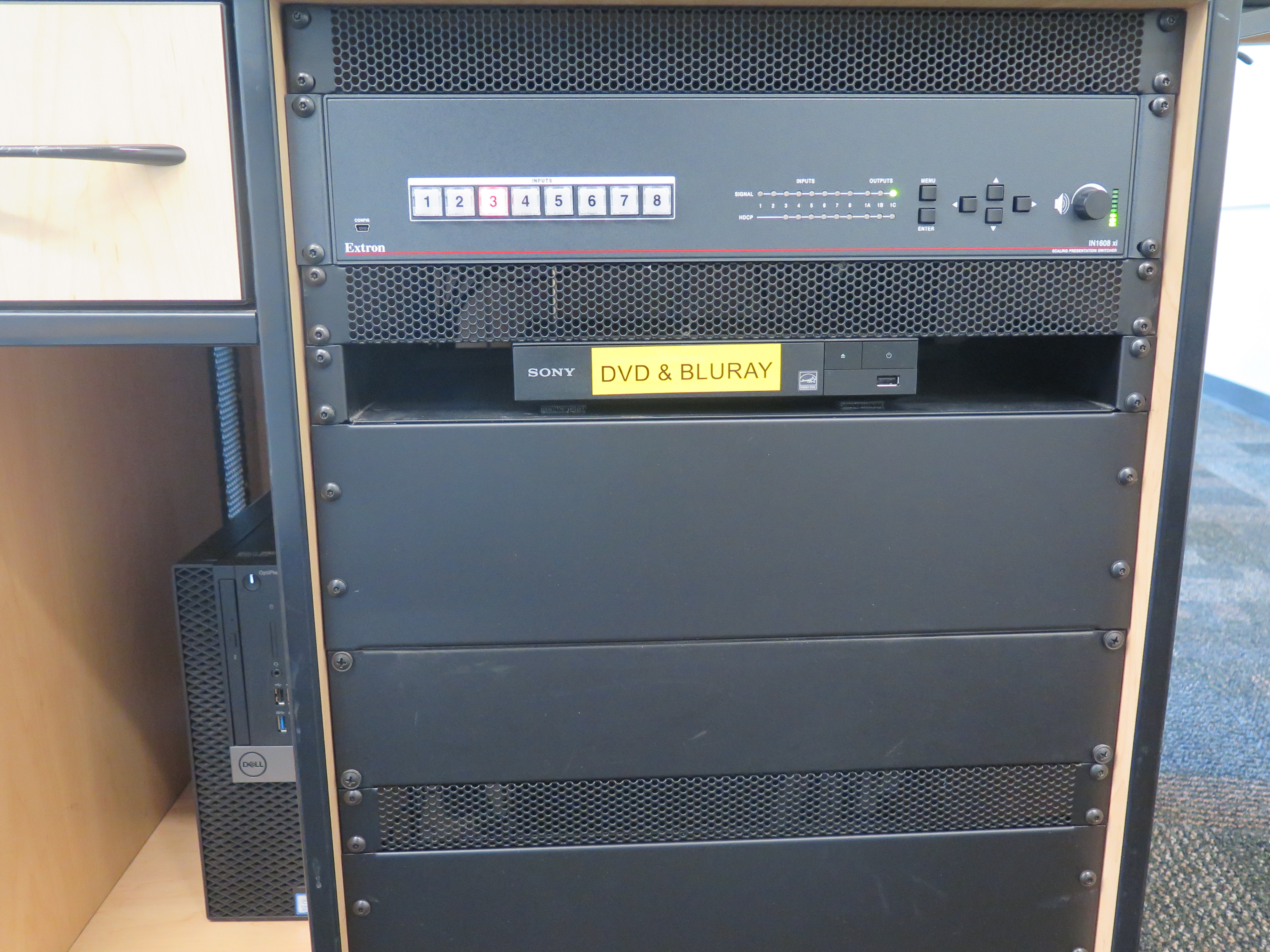 Front of Equipment rack showing AV Switcher. Below that is BlueRa