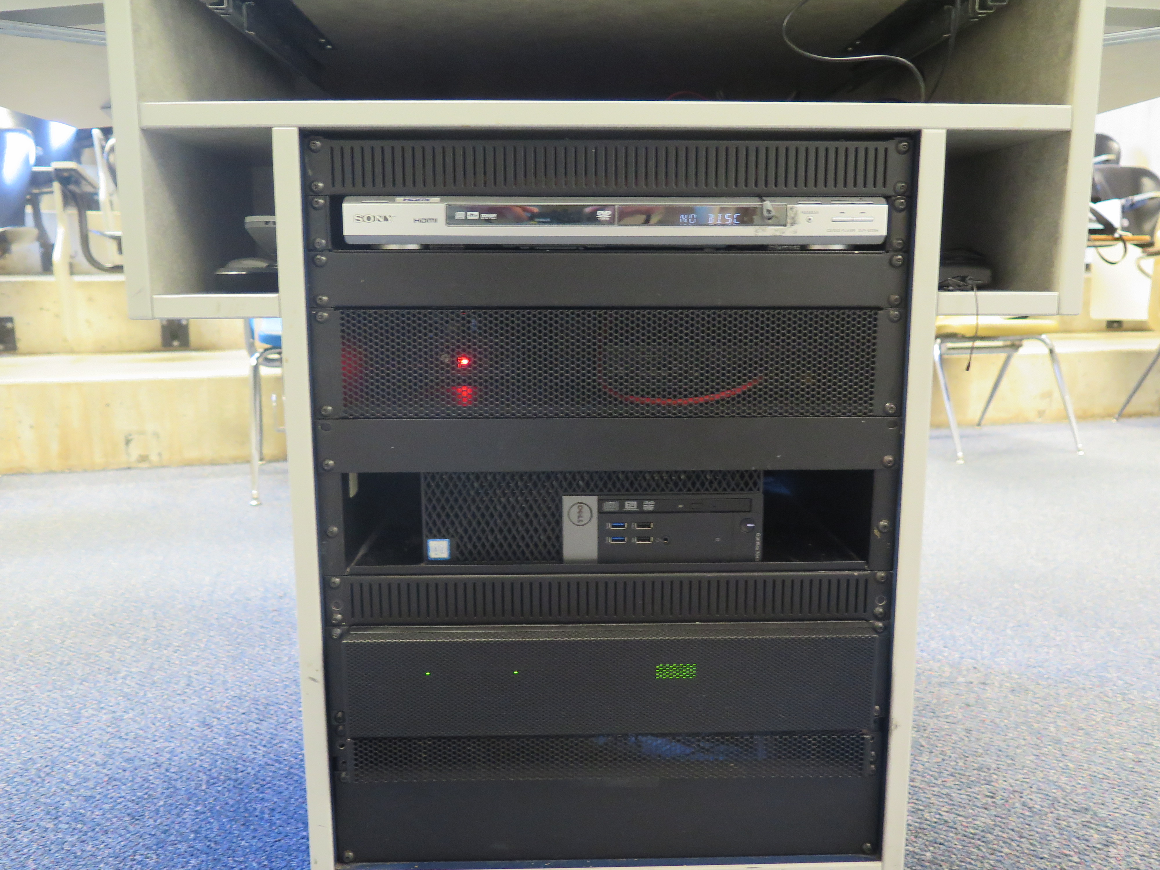 Front of Equipment rack showing DVD Player, Below that is the Dell Computer CPU.