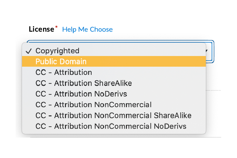 License menu, with "Public Domain" highlighted.