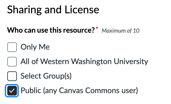 Sharing and License menu, with "public" checked off.