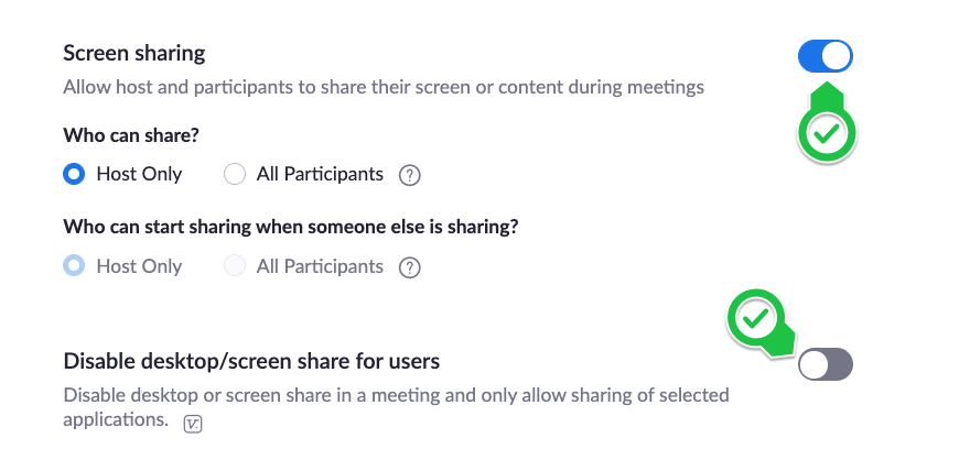 A zoom settings menu for Screen sharing. Screen sharing is toggled on, and only the host is allowed to share..