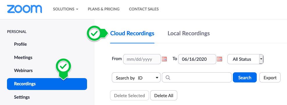 Zoom Cloud recordings settings menu