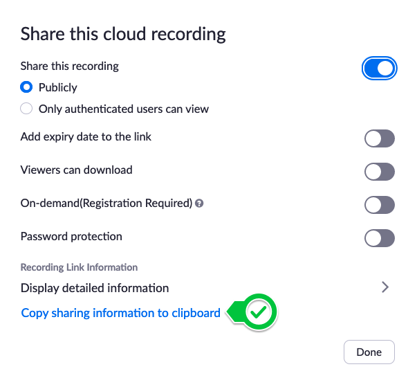 Cloud sharing settings. Share this meeting publicly is toggled on. "Copy sharing information to clipboard" is highlighted.