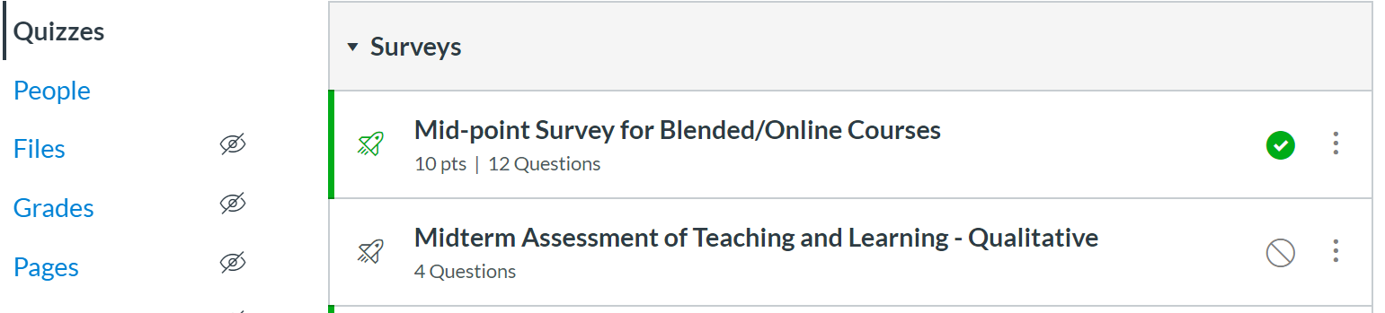 Canvas quizzes, with one survey checked off with a green check mark.