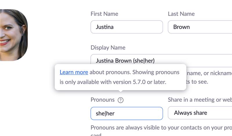 Profile information, including first name, last name, display name, pronouns, and sharing preferences.