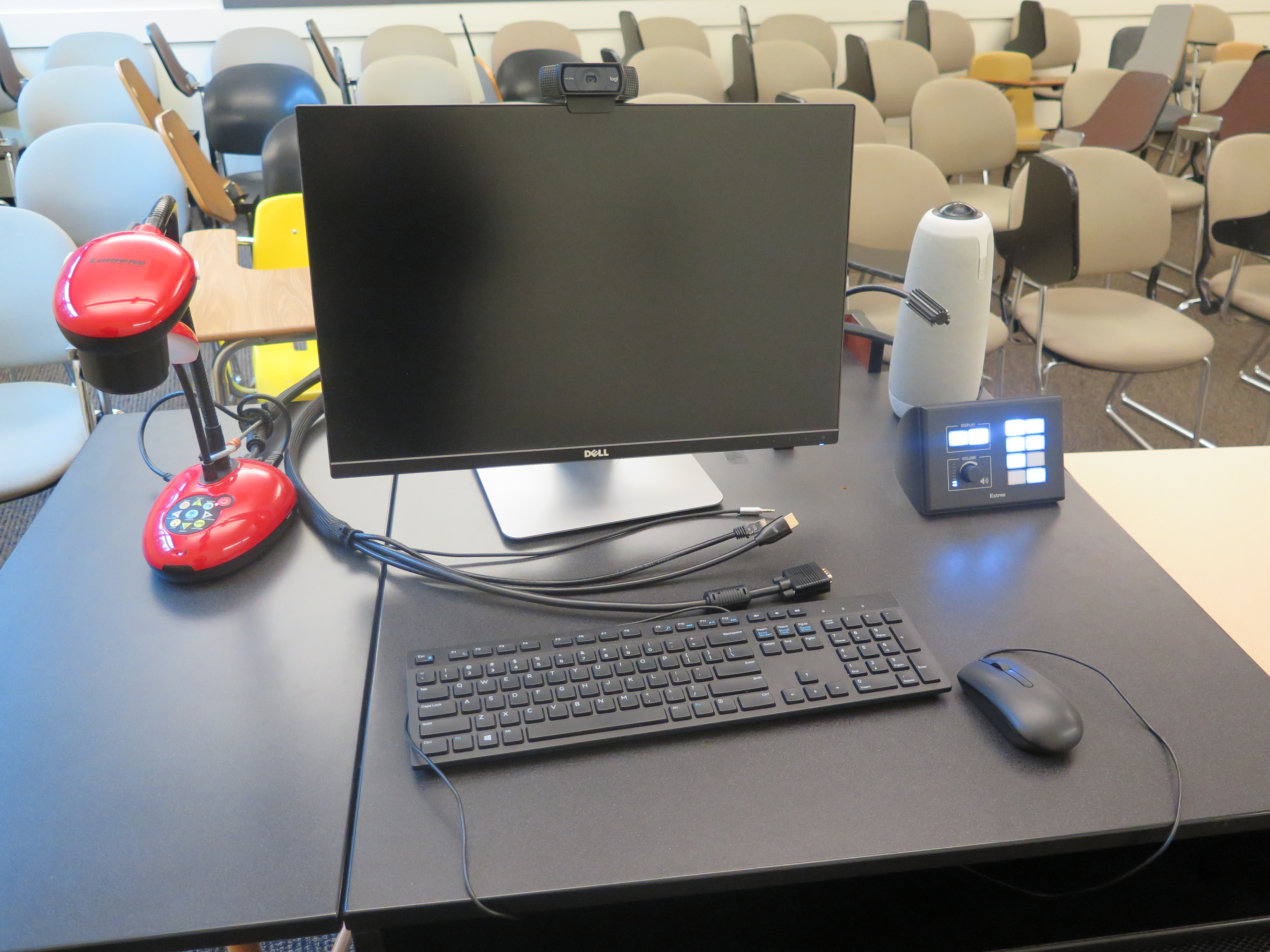 Top of podium is Owl Camera, Logitech 920 webcam, Dell computer monitor, AV push button controller, Lumens Ladybug document camera, HDMI connection 