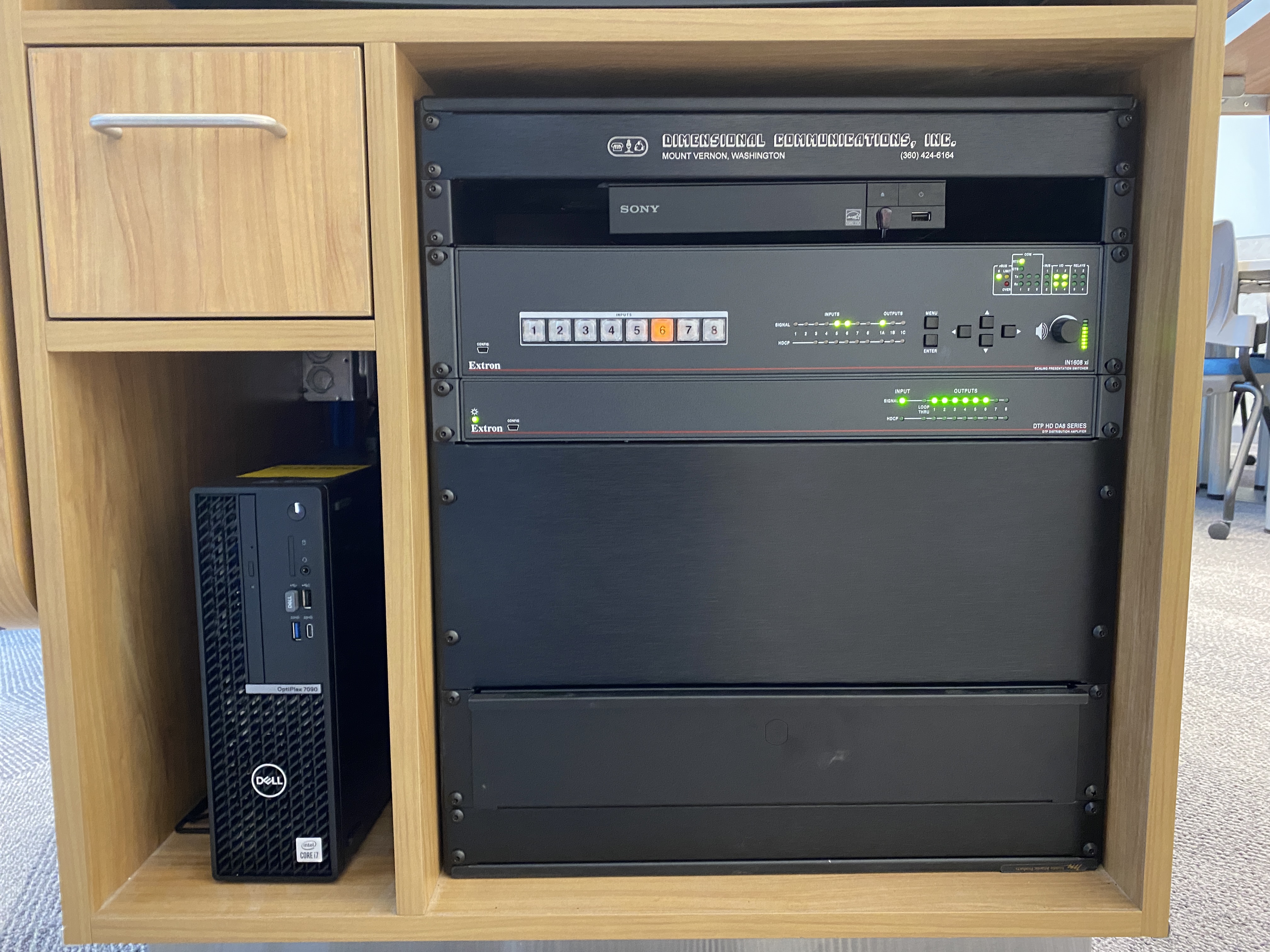 Front of teaching station showing computer CPU and Blu Ray player