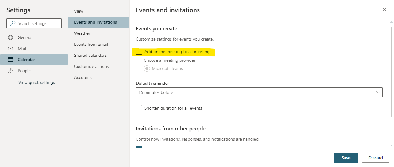 A screenshot of Outlook Web Application Settings highlighting the unchecked Add online meeting to all meetings option.