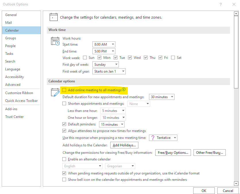 A screenshot of Windows Desktop Outlook Options highlighting the unchecked Add online meeting to all meetings option.