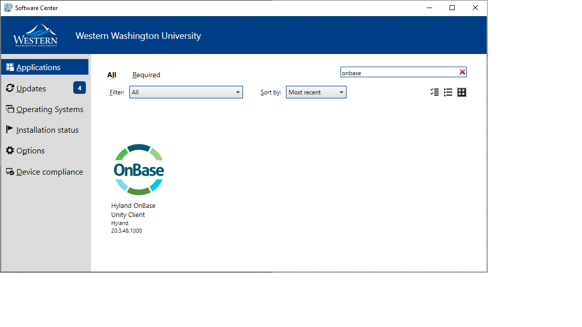 Screenshot shows search for OnBase in the Software Center. OnBase icon is a circle alternating between green and blue.
