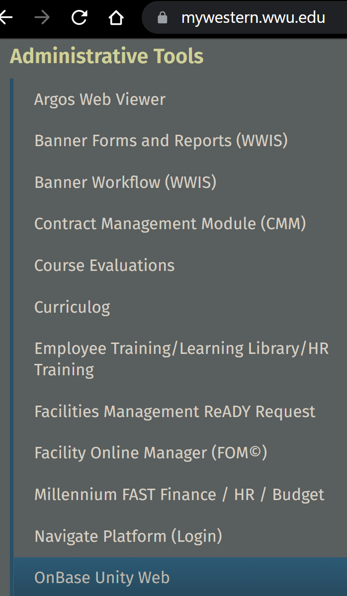 Screenshot of the Administrative Tools section of MyWestern. OnBase is at the bottom of that section.