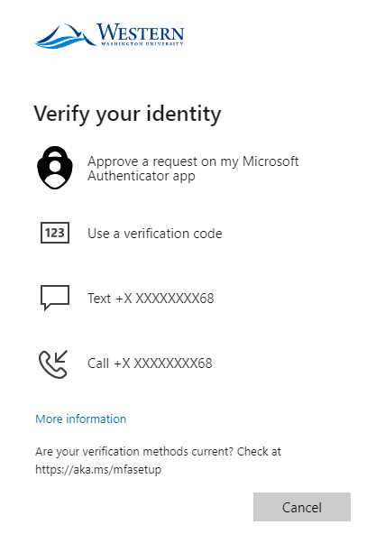 Multifactor authentication options available for the account shown as an example containing the options for using a verification code, a text message and a call to phone a number. 