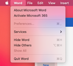 A screenshot of the Word drop down options on the Mac OS Menu Bar showing the Activate Microsoft 365 option. 