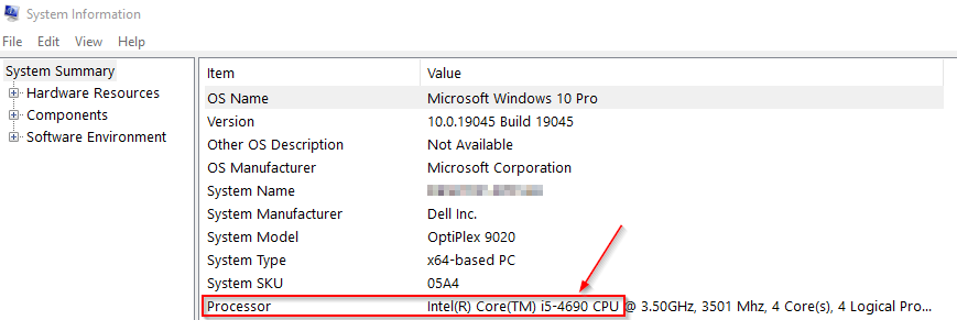 A screenshot of a the system information dialogue box showcasing the processor item with a value of Intel(R) Core(TM) i5-4690 CPU