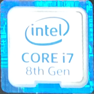 A sticker, typically affixed to the front of a Dell computer with Intel branding stating Core i7 8th Gen.