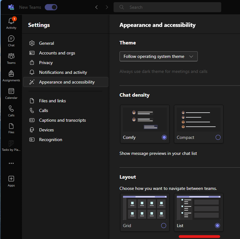 Microsoft Teams Appearance and Accessibility settings displaying where the list view option is located