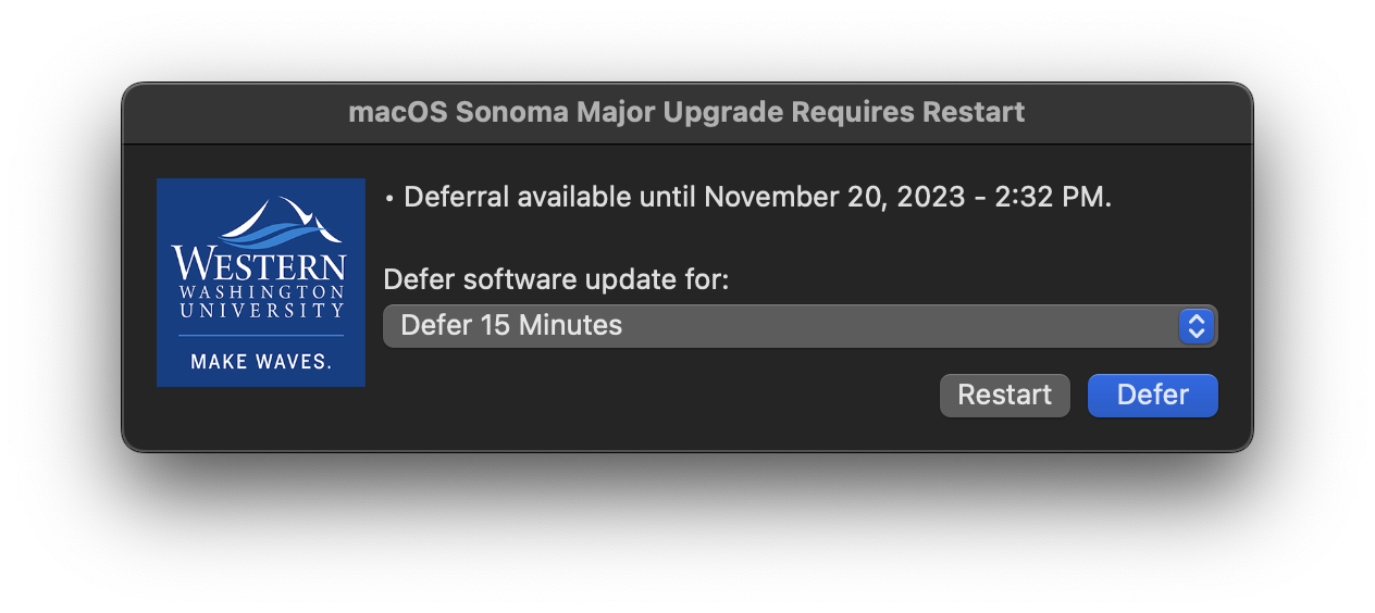 Screenshot of a macOS Sonoma Major Upgrade prompt. There are options to select a time frame, to Restart now or Defer update. 