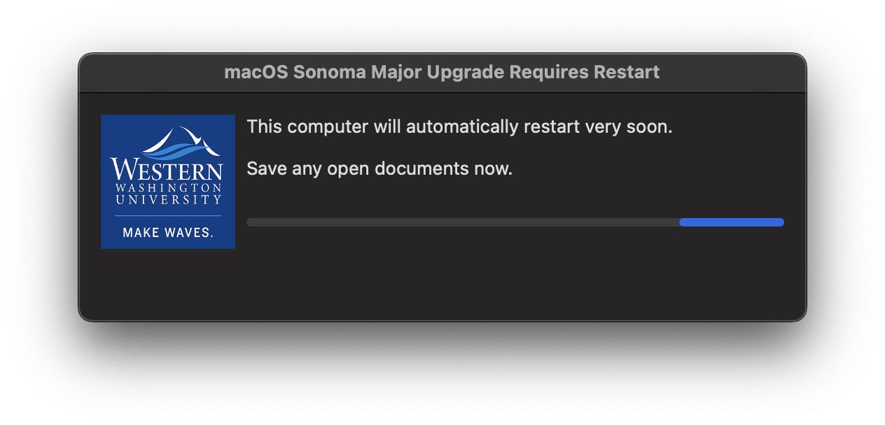 The prompt that shows when the computer is about to restart due to this update notification prompt. It gives a warning to save any open documents.