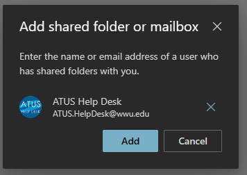 A screenshot of the window to add a shared mailbox to the new Outlook, displaying ATUS.helpdesk@wwu.edu as the example email.