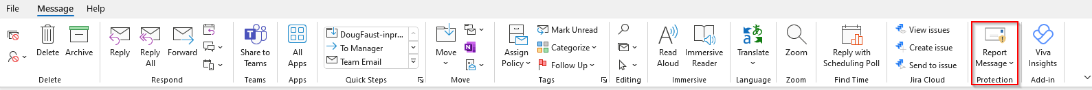 Outlook's Message ribbon with the Report Message button highlighted