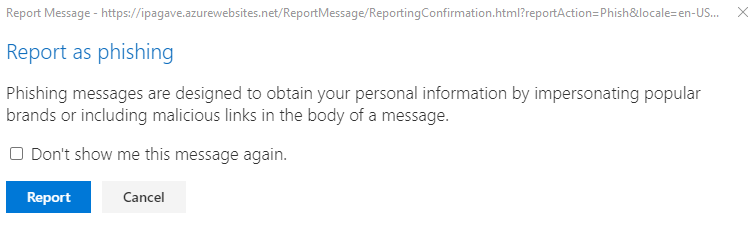 A confirmation dialogue box asking to confirm the report of the message as phishing