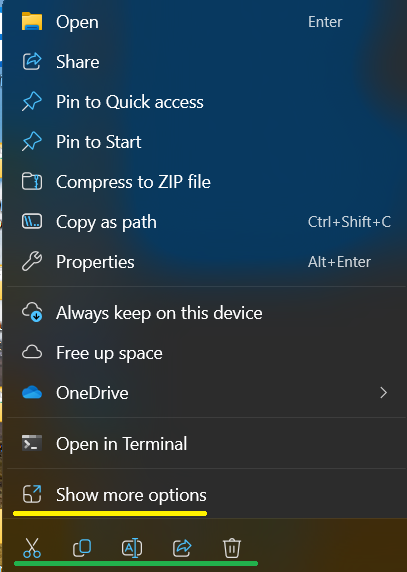 A screenshot showing the example of the right click context menu in windows 11 with Show more options underlined. 