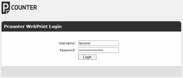 Screenshot of WebPrint login screen with username and password fields