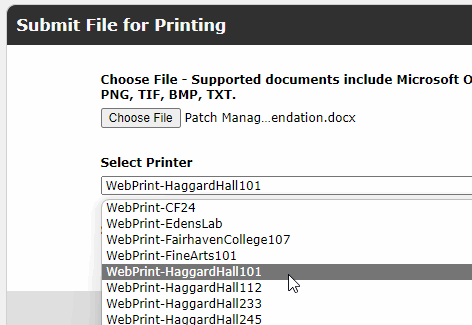 Schreenshot showing dropdown list of available printers.