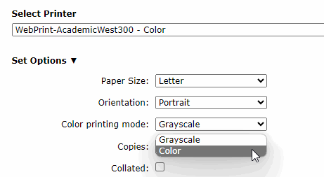 Screenshot showing color printing mode options, Grayscale or Color