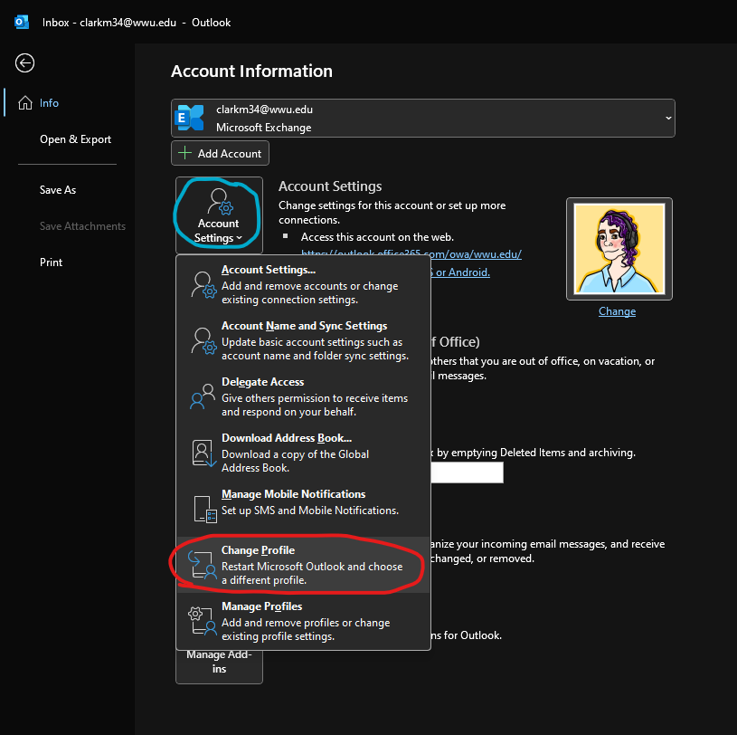 A screenshot of Outlook's Info tab, with Account Settings circled in blue and Change Profile, the 2nd to last option, circled in red.