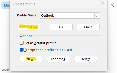 A screenshot of an Outlook popup titled "Choose Profile" with the Options and New buttons highlighted.